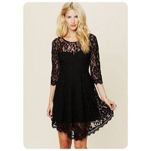 Free People Black Floral Mesh 3/4 Sleeve Lace